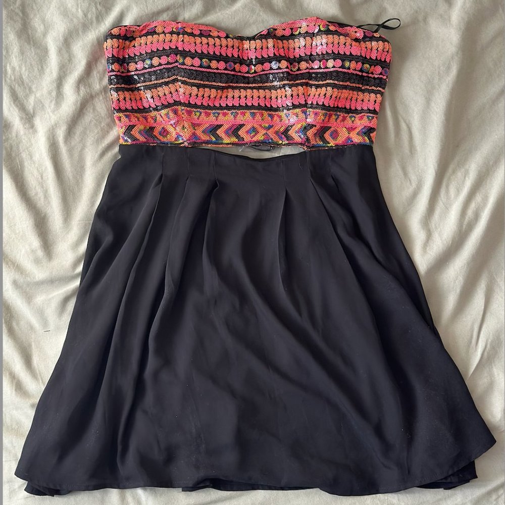 Forever 21 Black and Pink Patterned Sequin Cut-Out Mini Dress